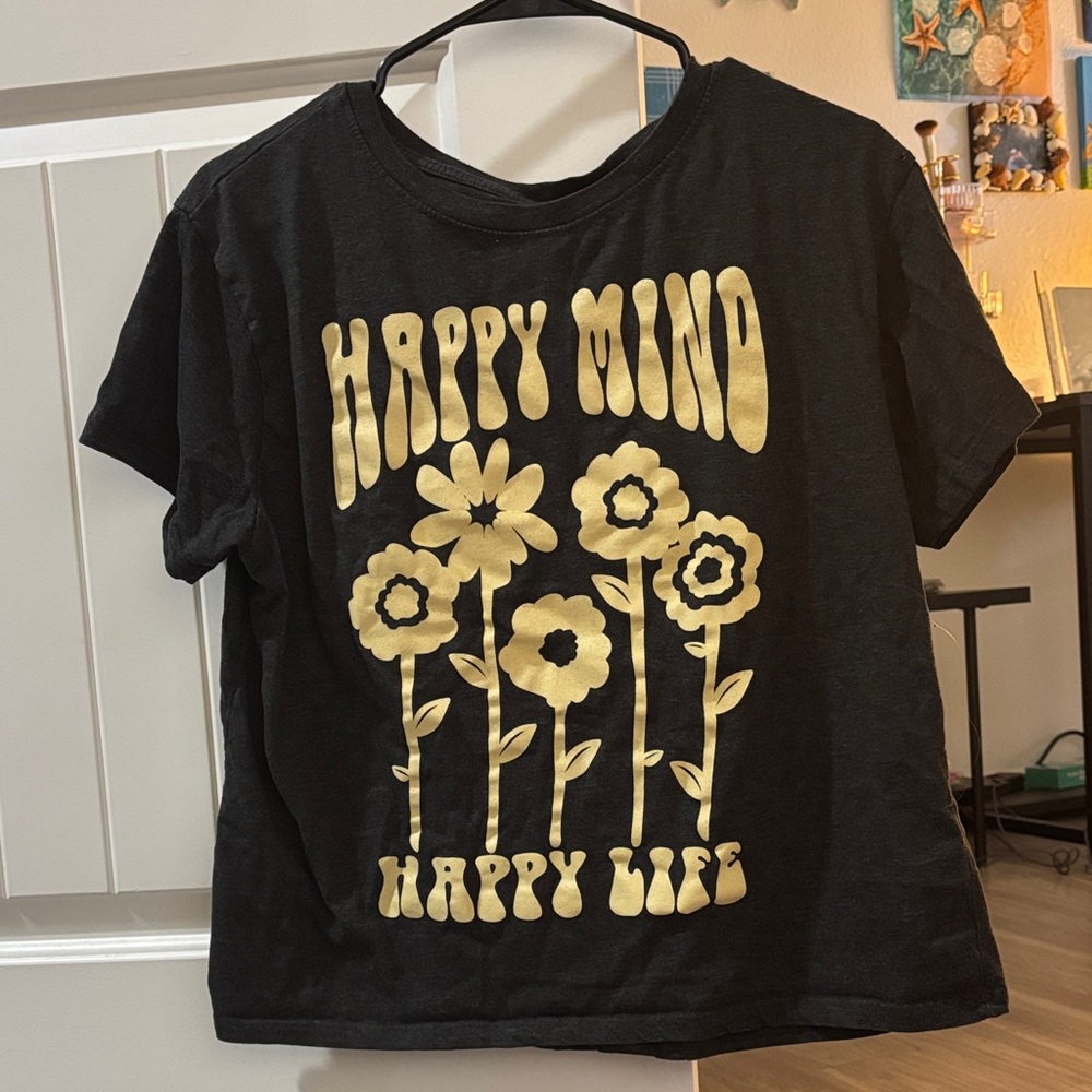Black T-Shirt with Gold Floral Print